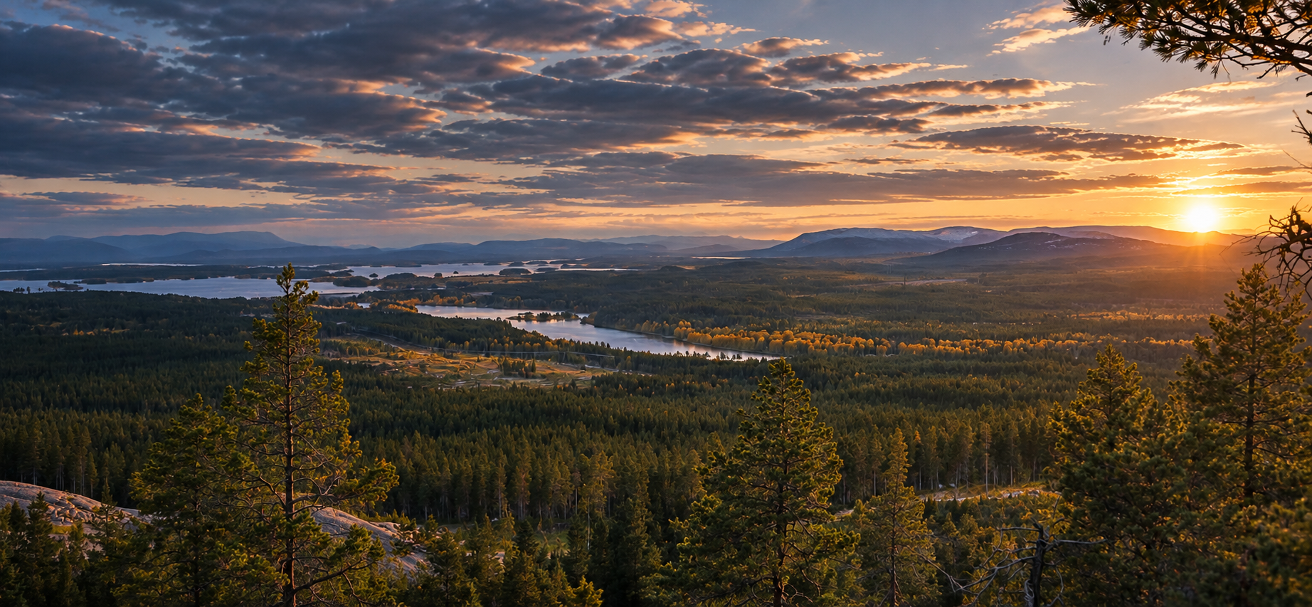 Nordiskt fjällandskap i kvällssol med dimma över sjö och barrskog